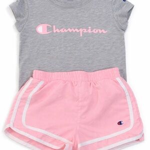 Champion Girls 2 Piece Outfit Pink Shorts & Gray Logo Tee Size S Athletic Set